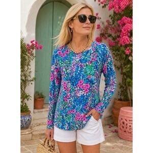 Lilly Pulitzer Sz M Womens Tiny Garden Floral Boot Neck Long Sleeve Soft Top
